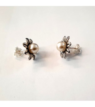 E000790 Genuine Sterling Silver Earrings Flowers On Post With Pearl Solid Hallmarked 925
